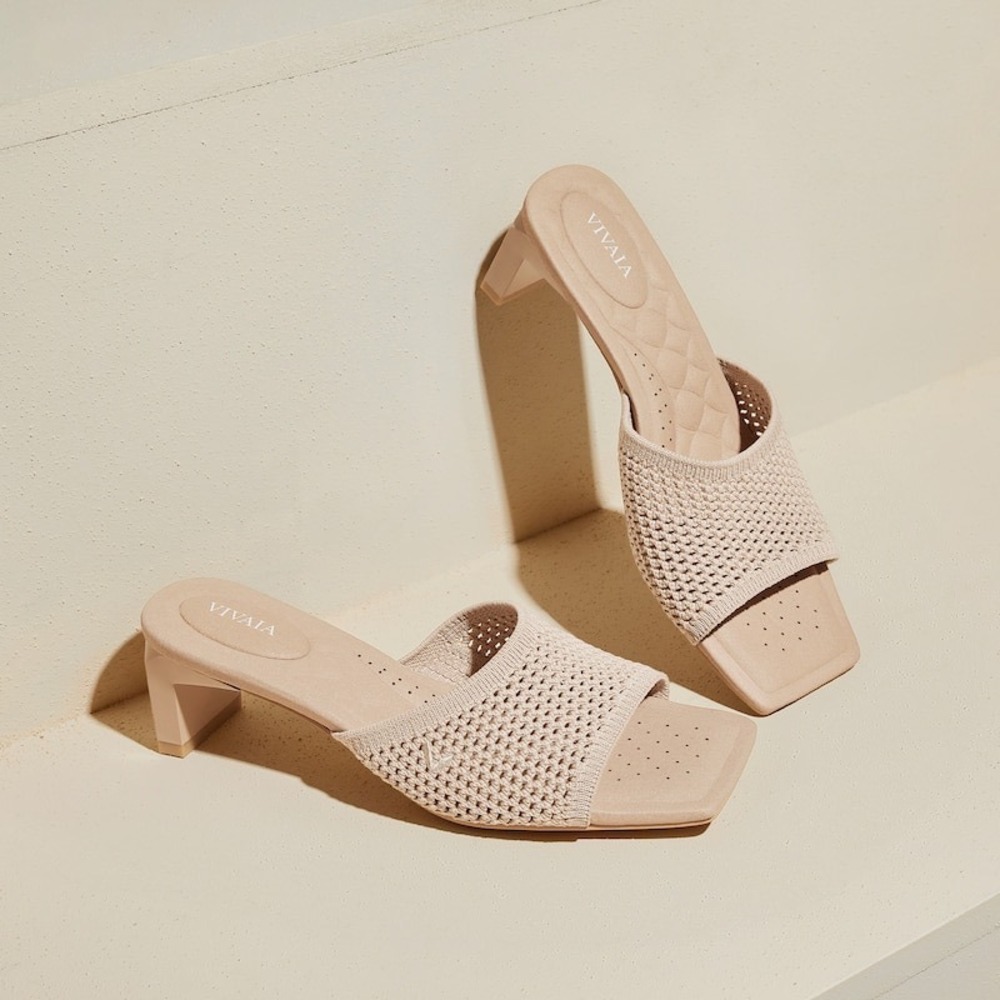 Vivaia Heeled Sandals Square Toe Slip On Beige Size EU/40 US/9